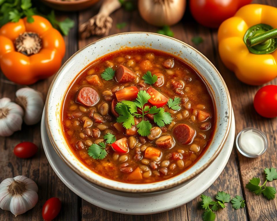Hearty Mexican lentil soup (lentejas) with chorizo, carrots, and tomatoes, garnished with cilantro, displayed on a wooden table with fresh vegetables in the background