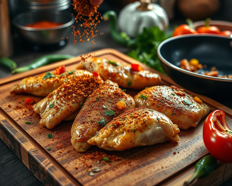 Seasoned chicken breasts resting on a wooden board, generously coated with spices and garnished with fresh parsley. These flavorful chicken fillets pair perfectly with Louisiana Chicken Pasta or as a standalone protein dish.