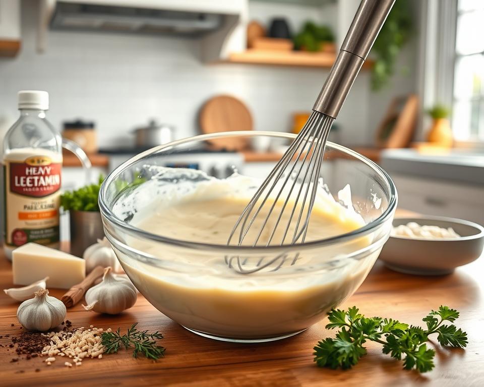 A glass bowl filled with creamy sauce being whisked, surrounded by garlic, Parmesan cheese, and herbs. This creamy base is ideal for creating the rich sauce 