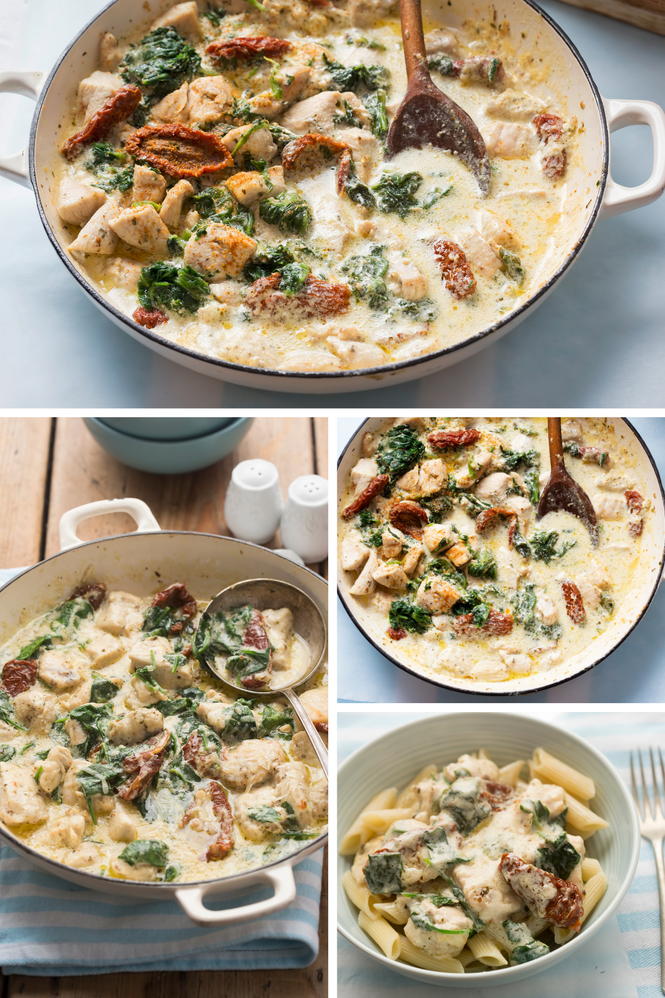 A collection of four different angles capturing the Marry Me Chicken dish. Each shot emphasizes the succulent chicken pieces, wilted spinach, and sweet-tart sun-dried tomatoes swimming in a luxurious cream sauce. One photo includes a ladle showcasing the sauce’s thickness, while others focus on the skillet’s inviting contents, from overhead and close-up perspectives.