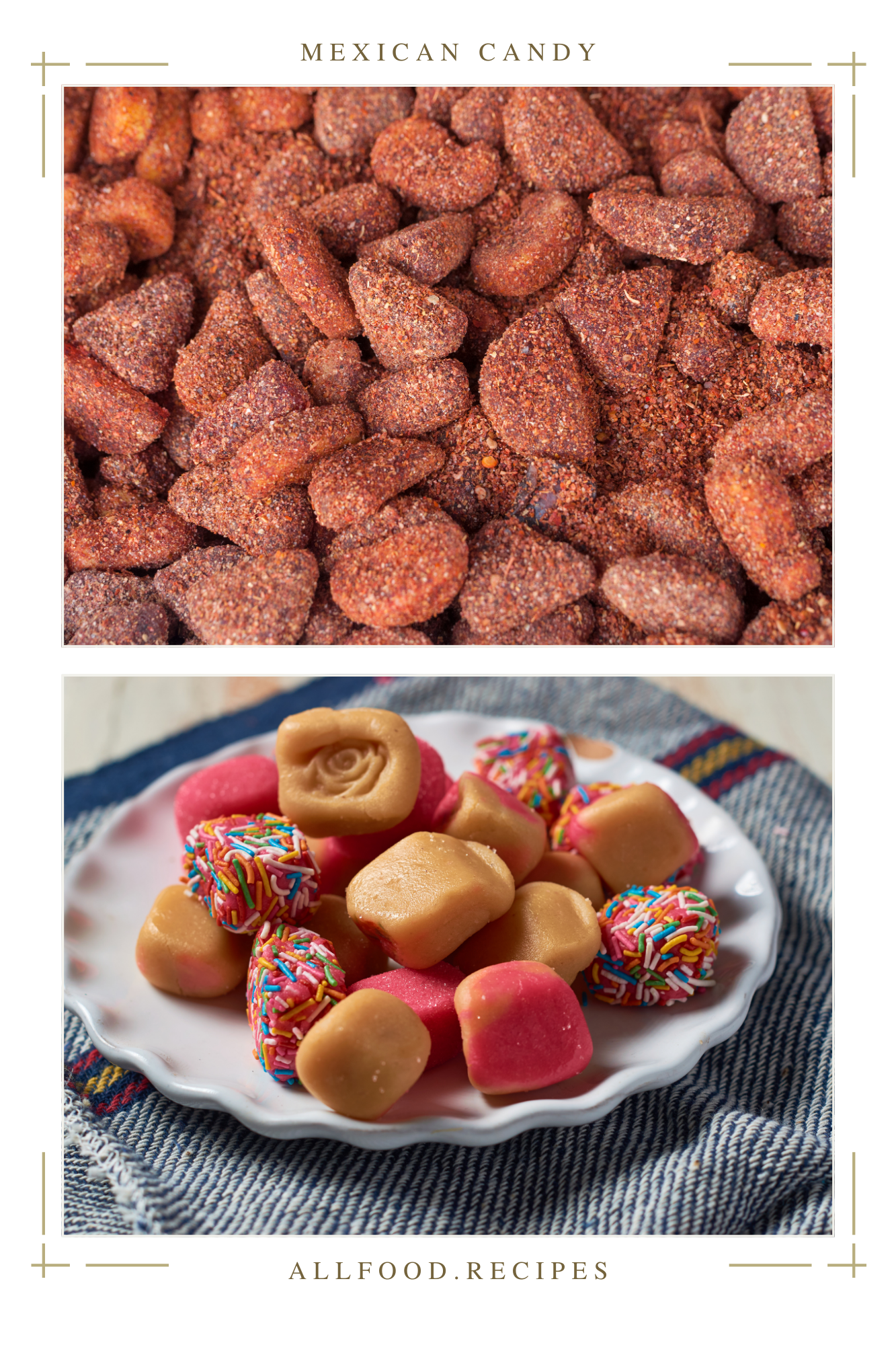Discover Tamarind Candy at the Mexican Candy Store by Mexicrate 14 Two images highlighting chili-dusted candies and peanut-based treats. One close-up shows pieces coated in spicy seasoning, while the other features colorful bite-sized confections, demonstrating the variety of sweet and savory candies from Mexico