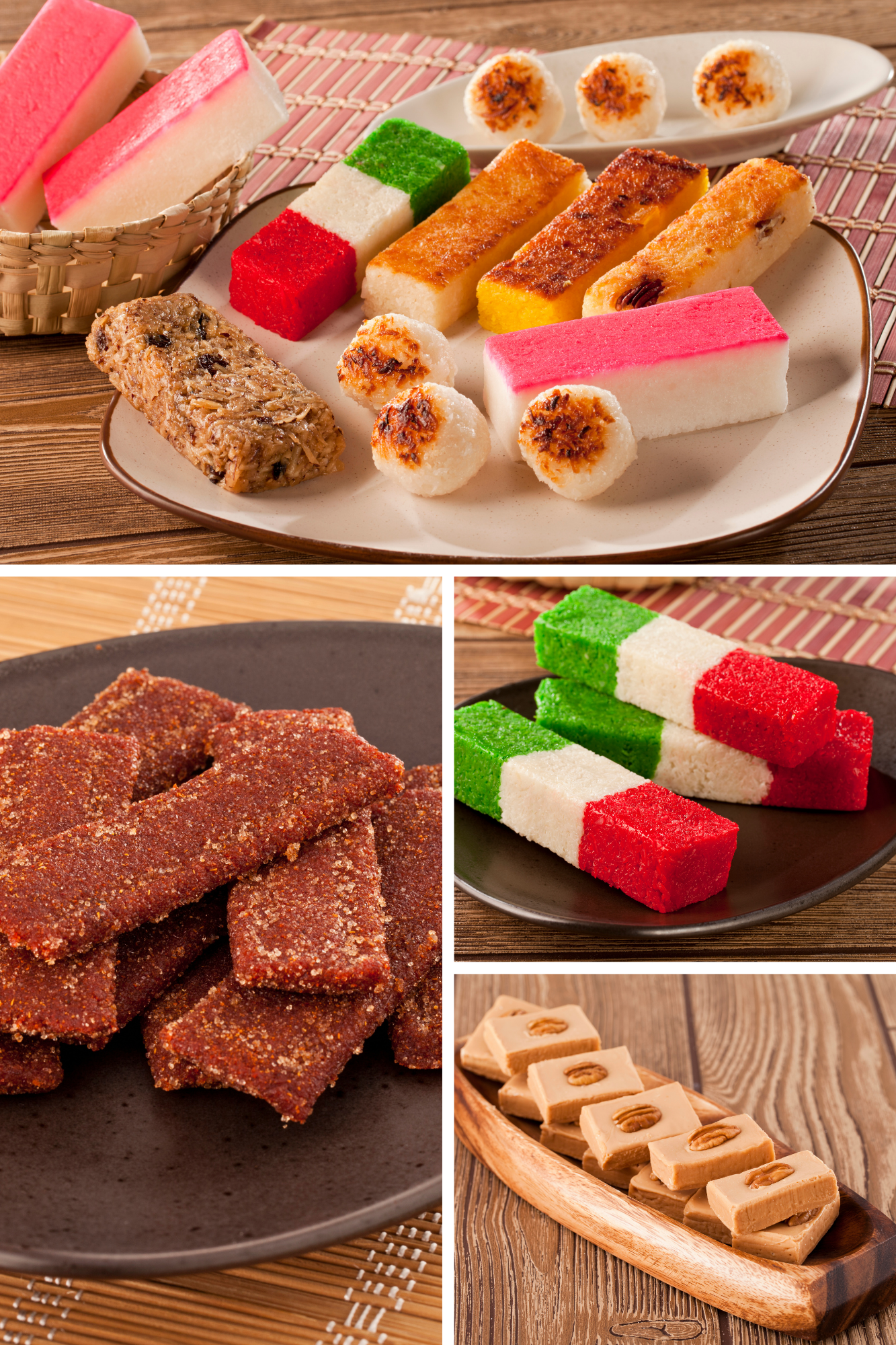 Discover Tamarind Candy at the Mexican Candy Store by Mexicrate 13 A variety of traditional Mexican sweets displayed in four images, featuring bright red, green, and white coconut bars, tamarind paste strips with chili, and coconut bites toasted on the outside. Each candy showcases iconic textures and flavors that represent Mexican candy culture