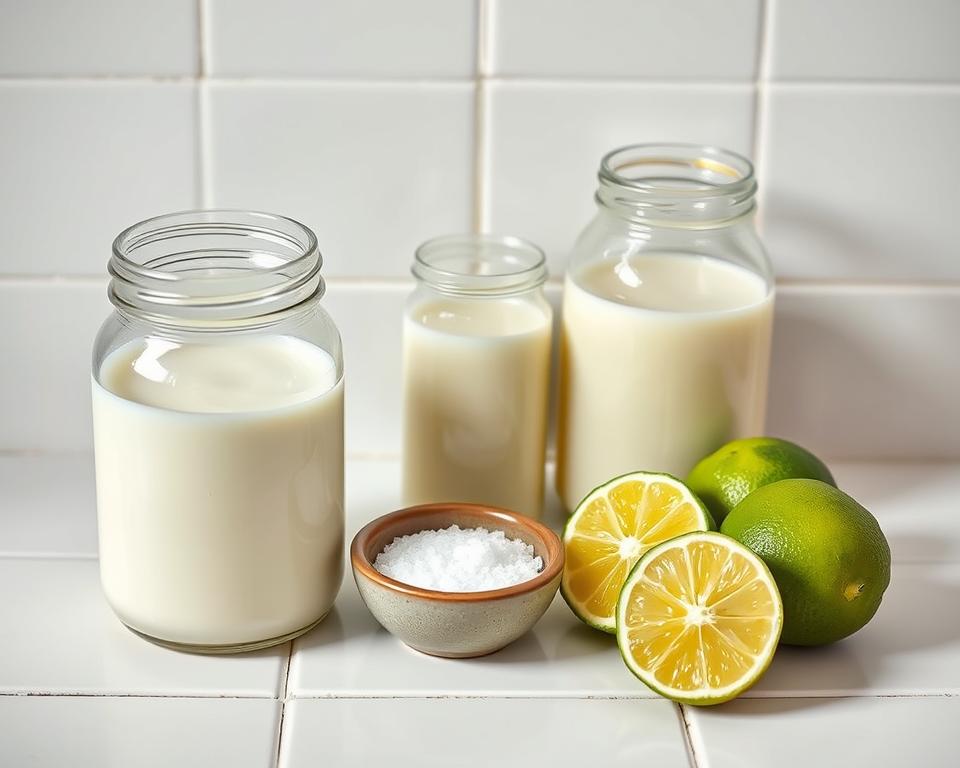 Ingredients for Mexican crema, including glass jars of cream, fresh limes, and a small bowl of salt, displayed on a white tiled background.