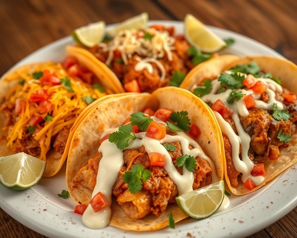 A plate of flavorful tacos topped with Mexican crema, diced tomatoes, fresh cilantro, and lime wedges, showcasing a vibrant Mexican meal.