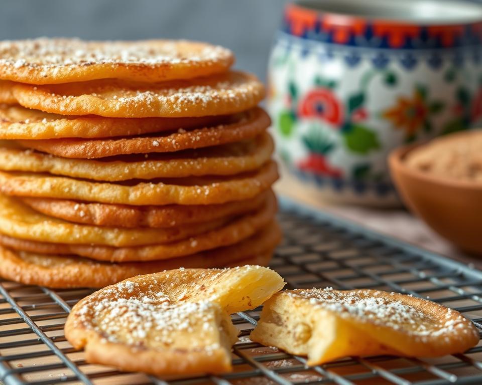 Mexican bunuelos recipe dessert. Thin, crispy Mexican bunuelos dusted with sugar, stacked on a cooling rack with a traditional ceramic cup in the background. Highlights their golden, crunchy texture