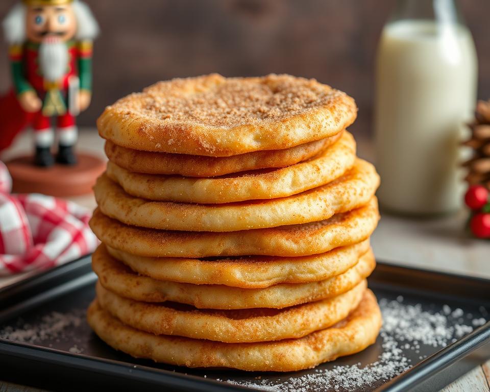 Mexican bunuelos recipe with a stack of cinnamon-sprinkled bunuelos and festive holiday decor