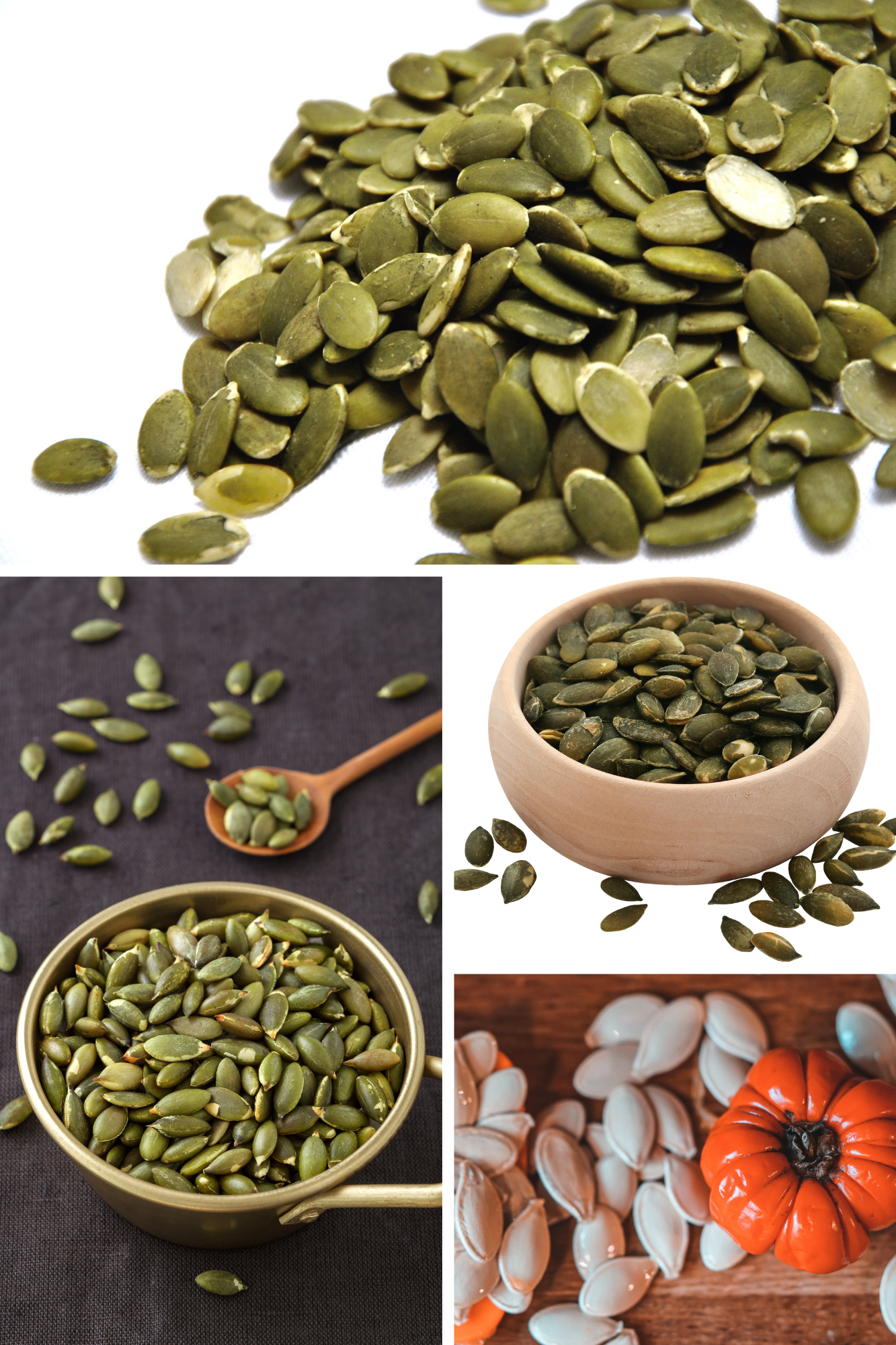 Four close-up shots of pepitas in various bowls and surfaces, showcasing their vibrant green color and slightly glossy texture—perfect for roasting and adding to healthy recipes