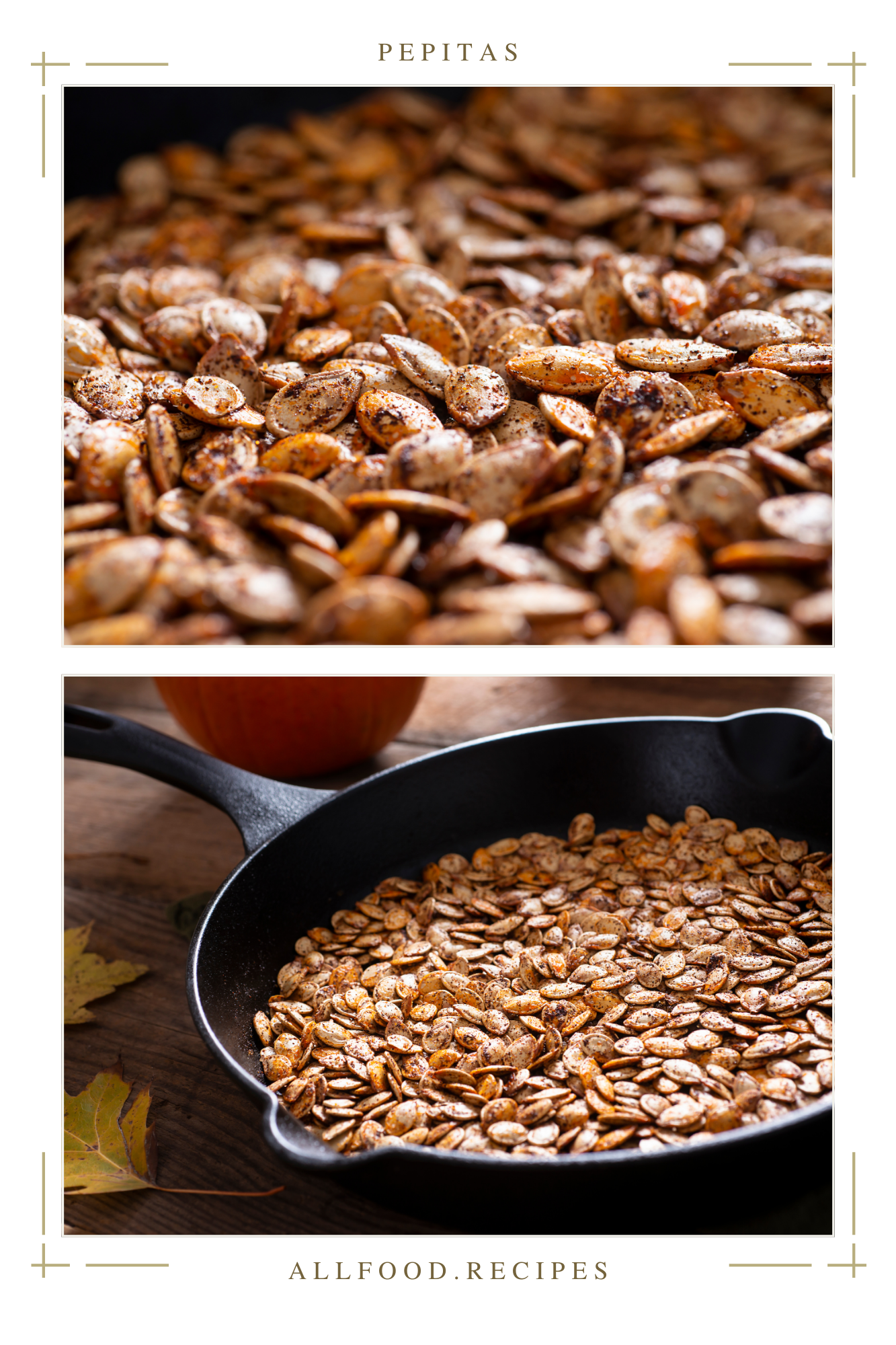 Two images highlighting roasted pepitas sprinkled with seasoning in a cast-iron skillet. These lightly toasted pumpkin seeds feature a golden-brown hue and savory spice blend, making them a delicious snack.