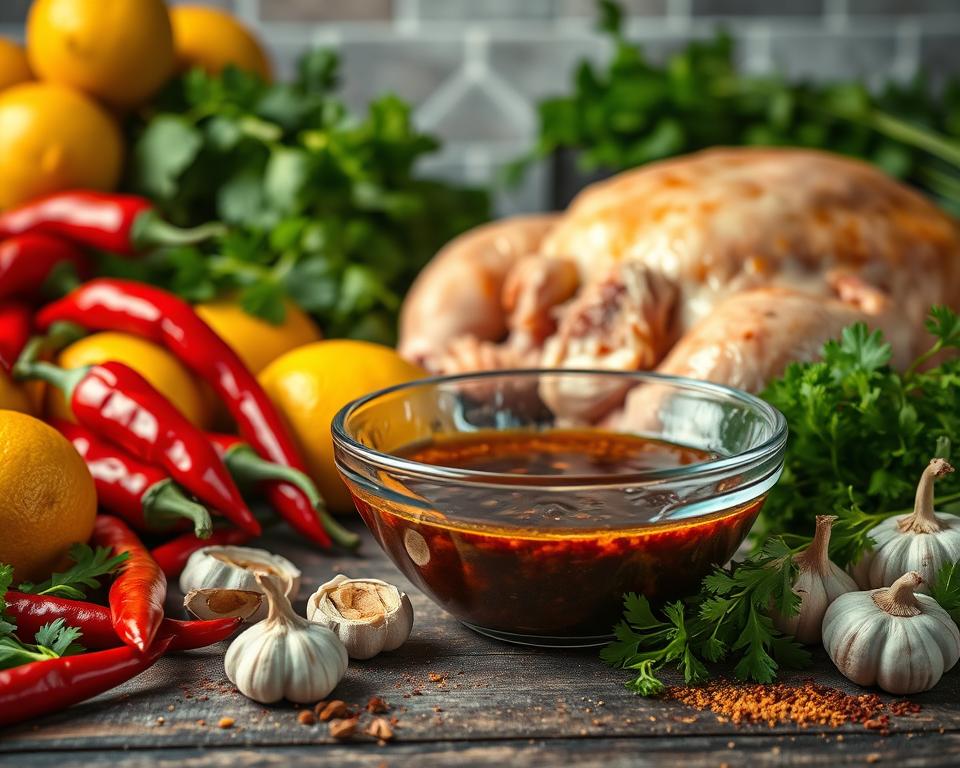 Close-up of a bowl of achiote marinade surrounded by fresh ingredients like garlic, chili peppers, lime, and oranges, ideal for making Pollo Asado