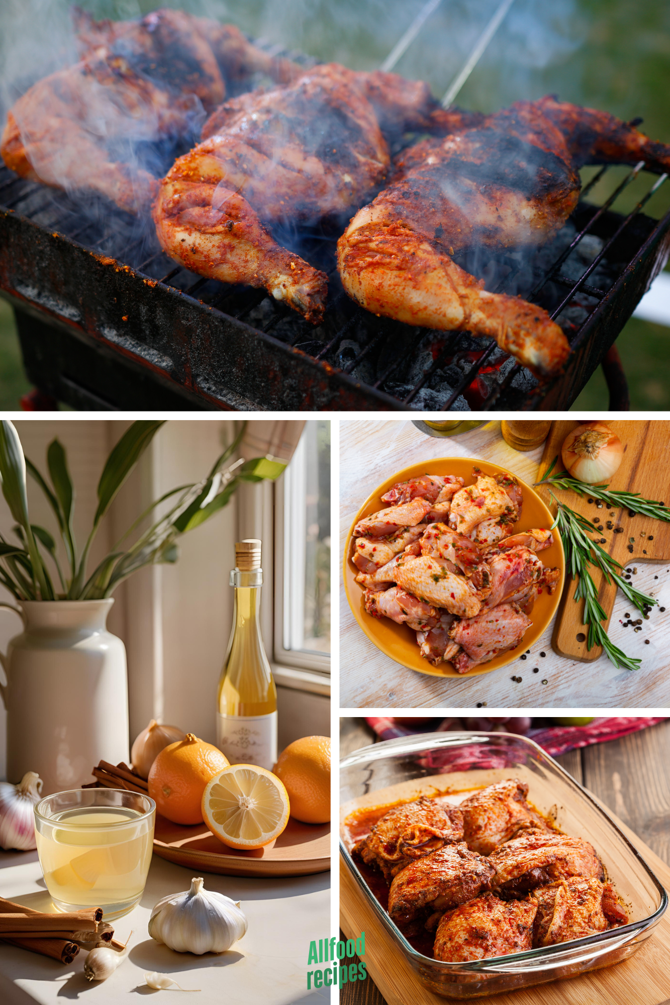 Grilled or Baked Pollo Asado Recipe: Try My Secret Marinade! 12 Collage showing Pollo Asado preparation: seasoned chicken marinating, citrus and garlic, and juicy chicken grilling over open flames.