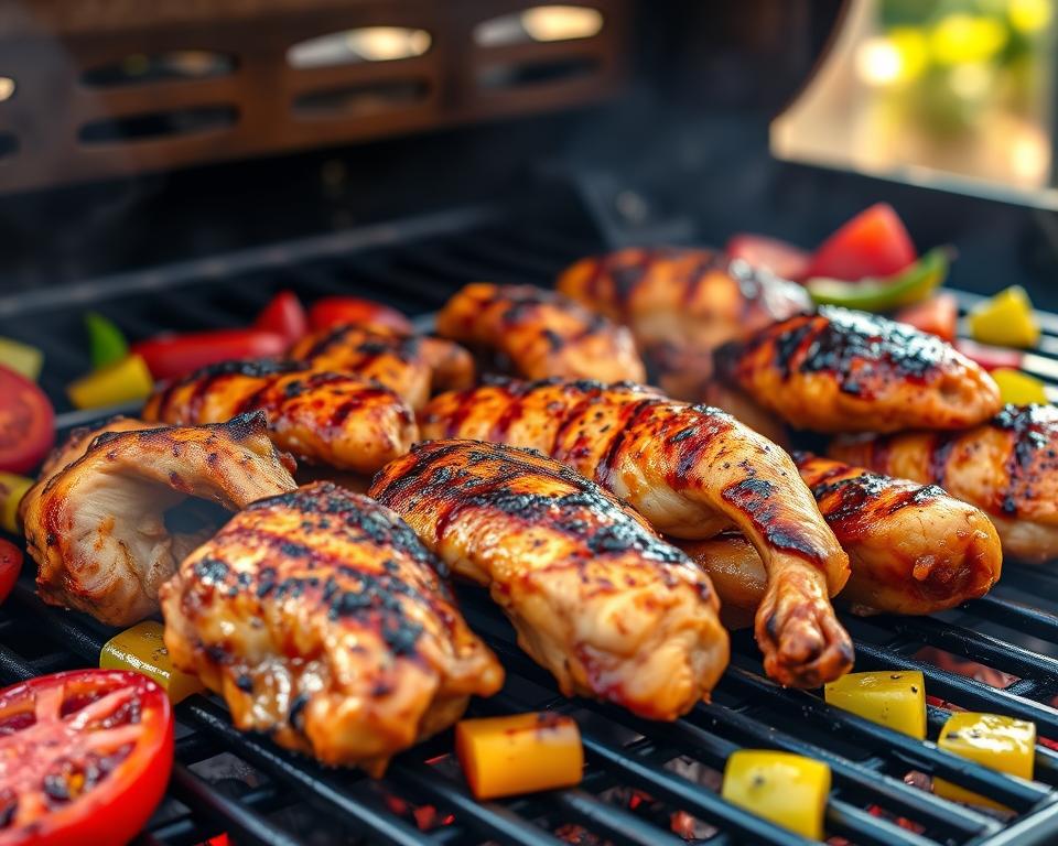 Perfectly grilled Pollo Asado thighs and drumsticks on a hot grill, accompanied by vibrant tomatoes and bell peppers for added flavor