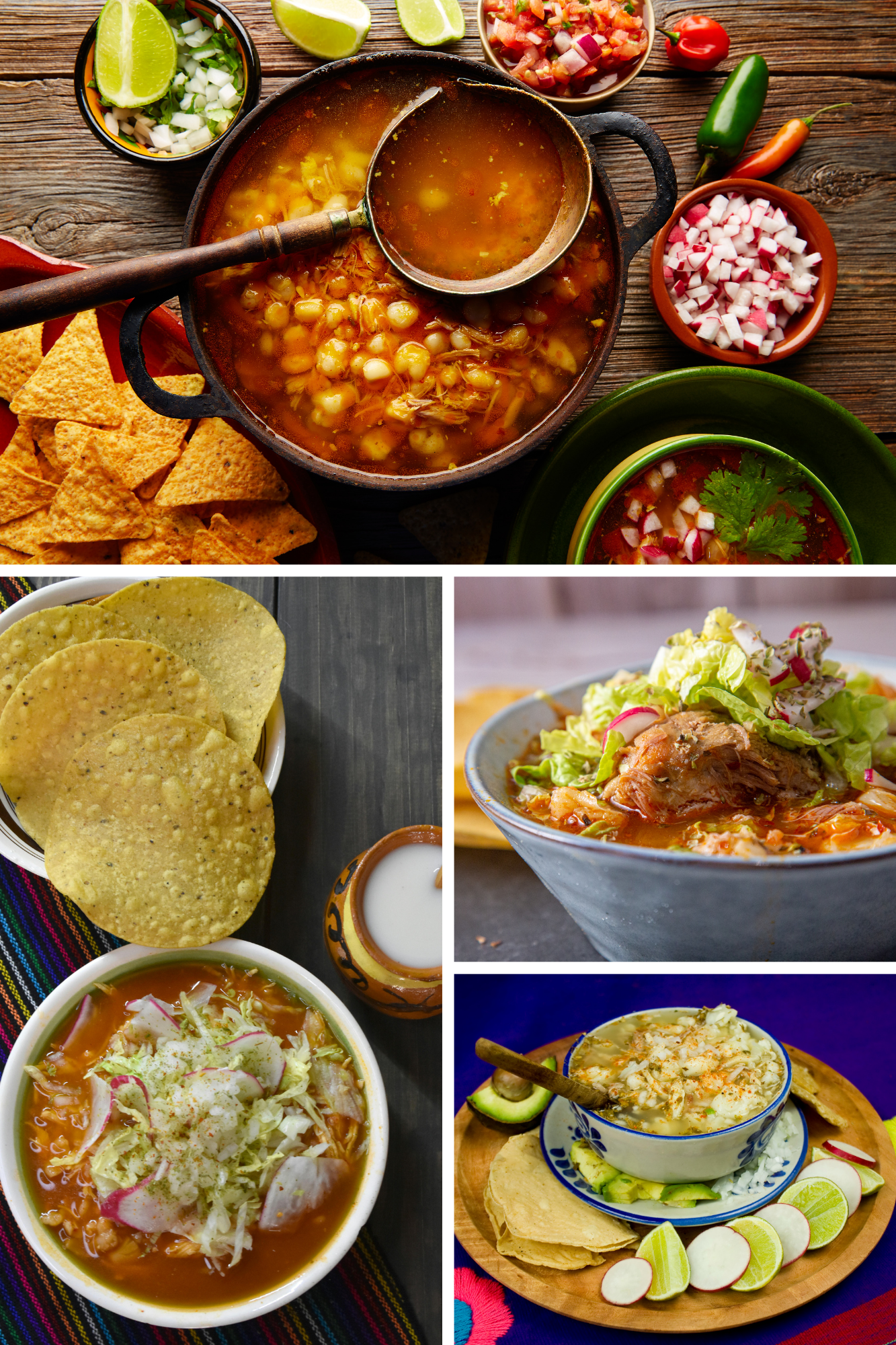 Pozole: Discover Delicious Recipes for Authentic Pozole Rojo, Chicken Pozole, and More 12 A collage showcasing different styles of pozole soup (or pazole), including chicken pozole garnished with cabbage, radish, and lime, highlighting the colorful variety of this traditional dish.