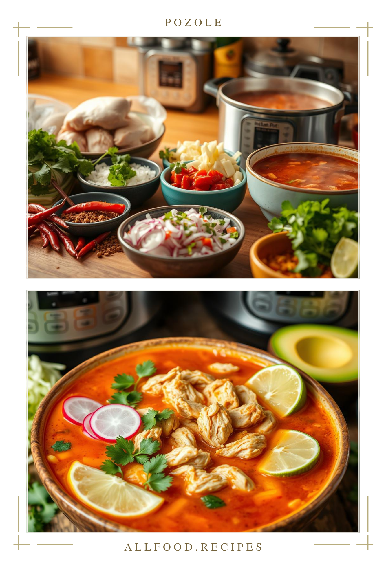 Two images featuring the process of making chicken pozole (also known as pazole or pozole soup) in an Instant Pot, along with an assortment of fresh ingredients like chilies, onions, and hominy.