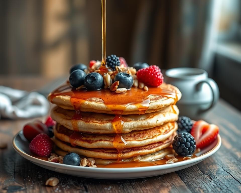 Delicious stack of fluffy pancakes topped with fresh blueberries, raspberries, blackberries, chopped nuts, and a generous drizzle of syrup, served on a rustic wooden table with a milk jug in the background.