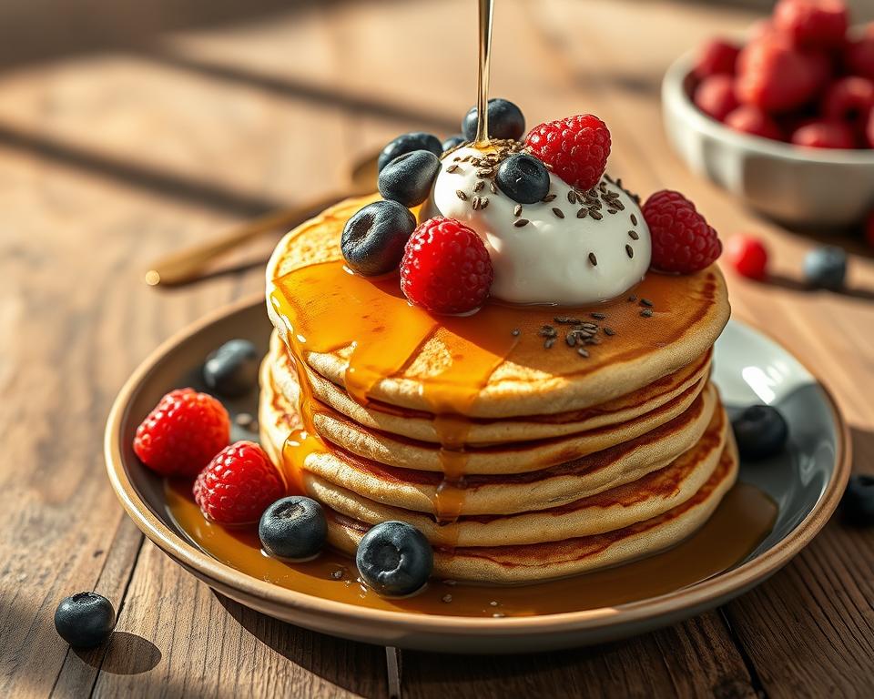 Stack of fluffy protein pancakes topped with fresh raspberries, blueberries, a dollop of yogurt, and a drizzle of syrup on a wooden table, with a bowl of berries in the background.