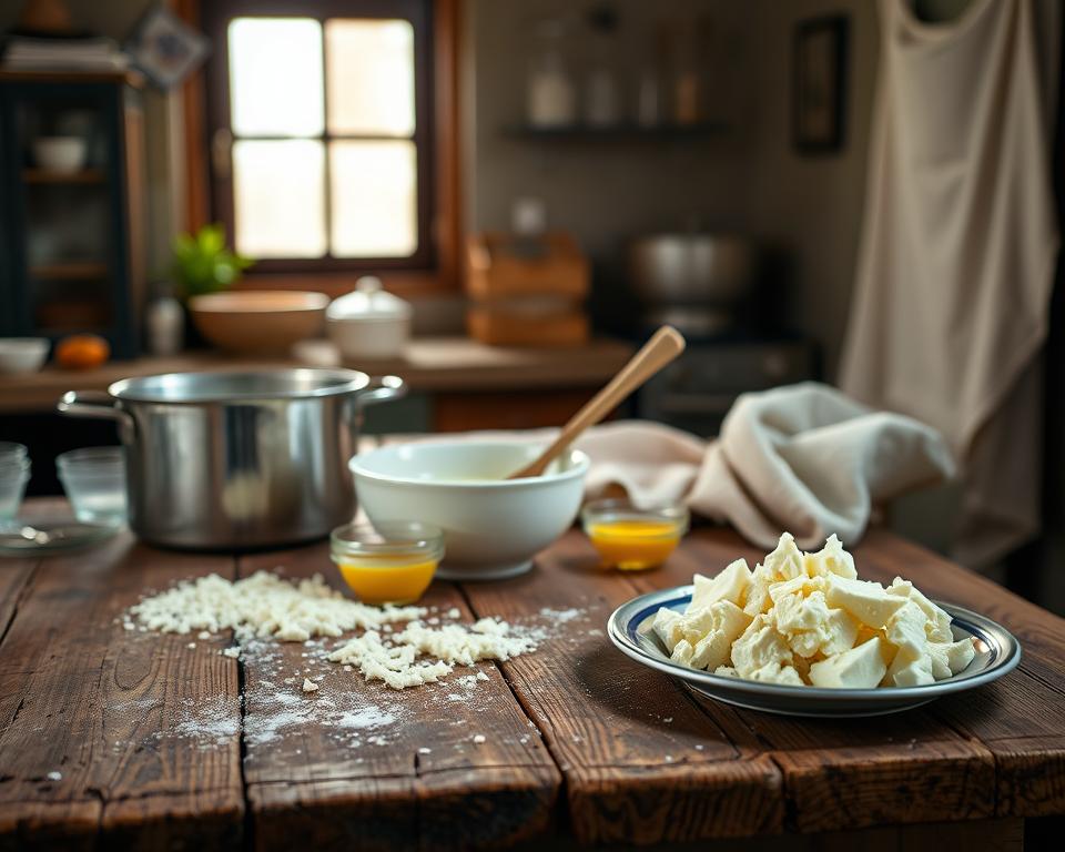 Rustic kitchen setup showing fresh queso fresco crumbles, a cooking pot, and cheesecloth on a wooden table.
