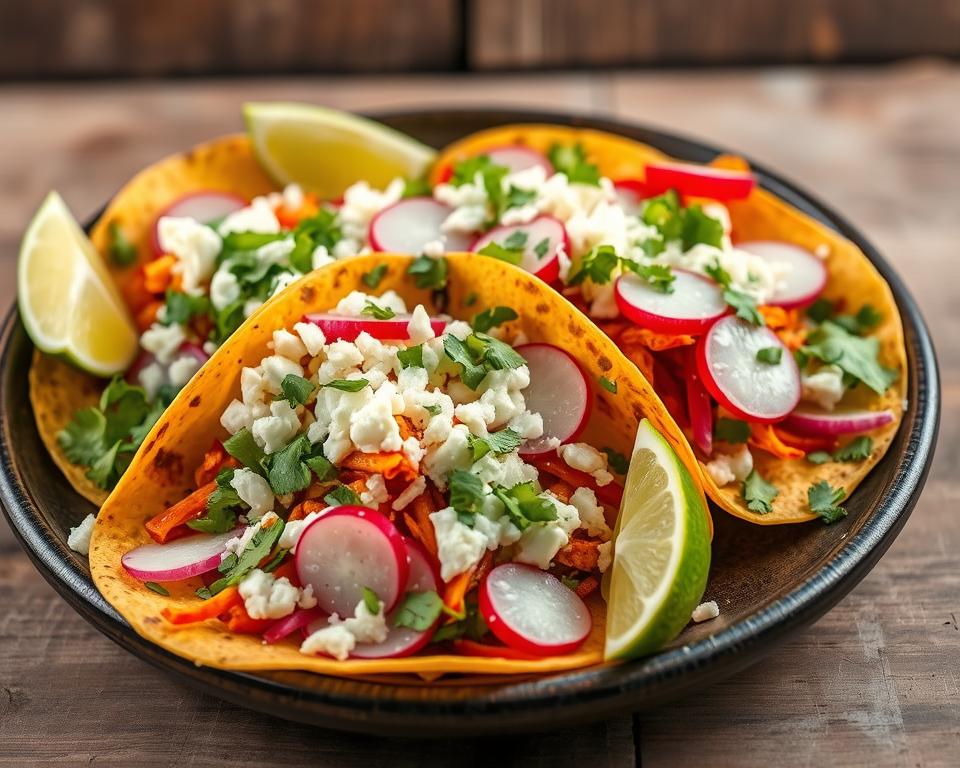 Vibrant tacos topped with crumbly mexican cheese, crisp radishes, and fresh cilantro for a zesty Mexican meal.