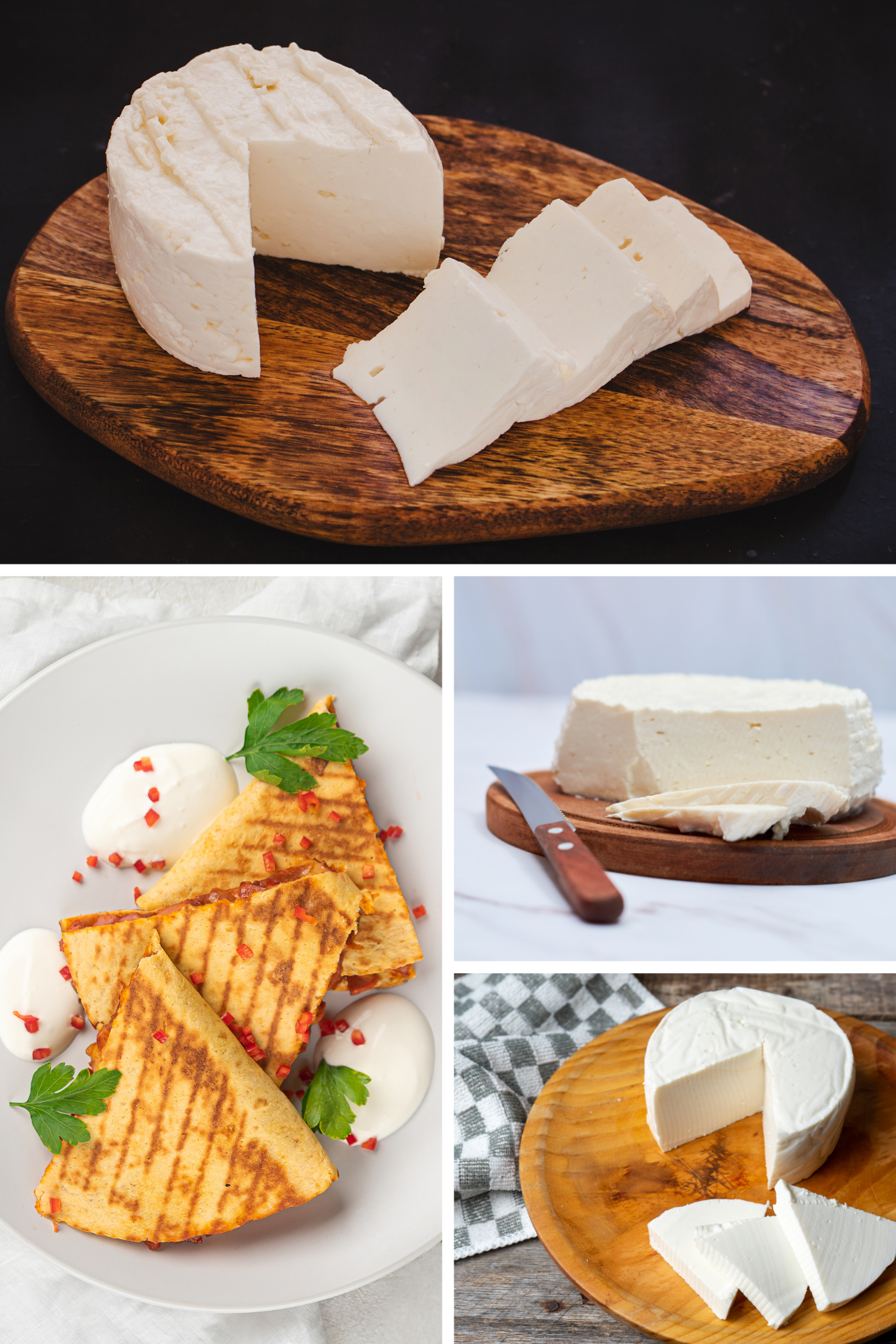 Collage of four images showcasing a wheel of queso fresco, sliced cheese, grilled quesadillas, and a fresh cheese block.