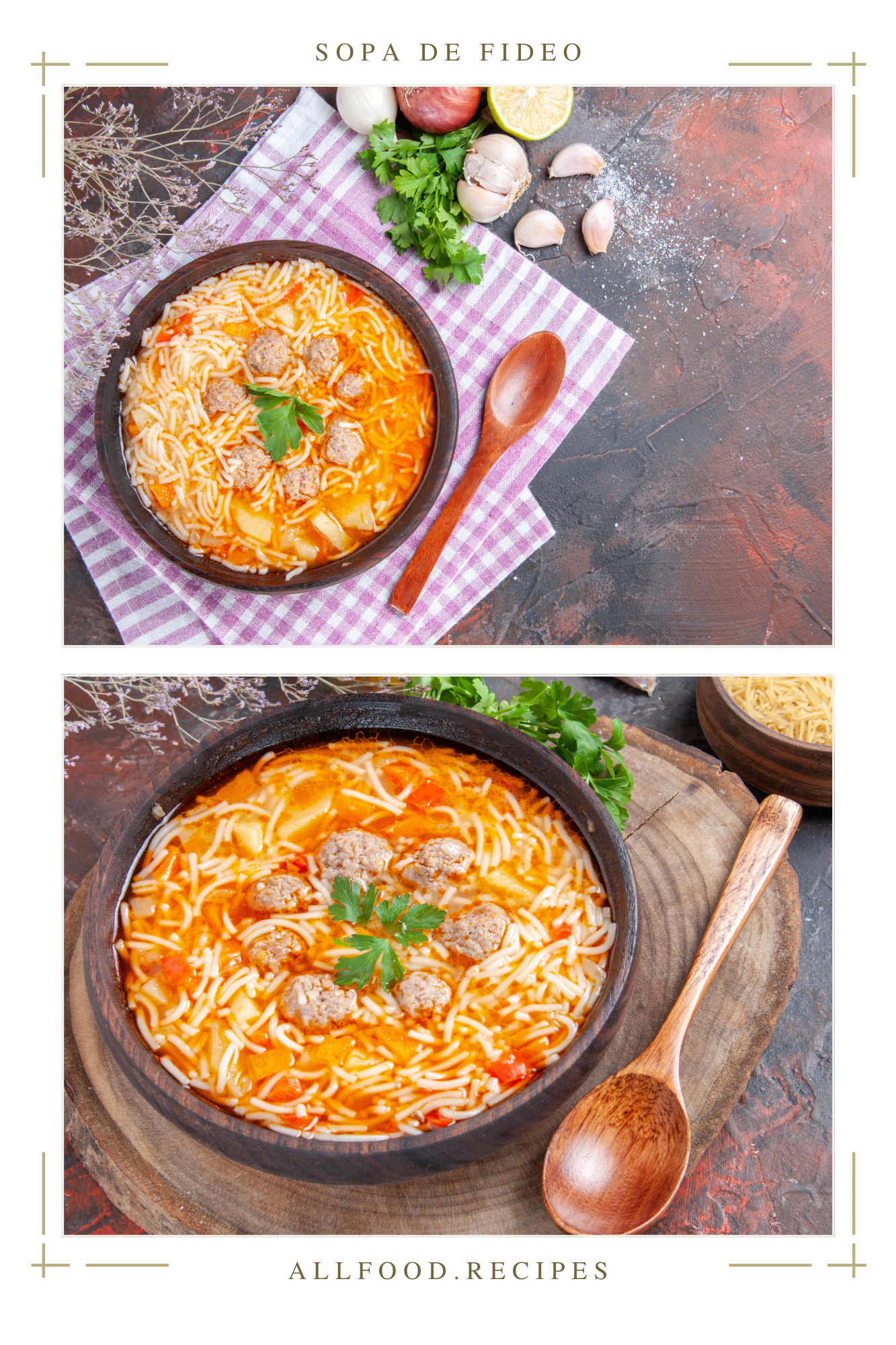 Traditional Mexican soup with meatballs, potatoes, and tomatoes in a wooden bowl, accompanied by fresh cilantro and cooking utensils.