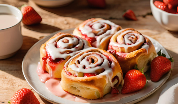 A plate of golden-brown strawberry cinnamon rolls, drizzled with a glossy white icing and featuring visible swirls of vibrant strawberry filling. Fresh strawberries are scattered around the plate on a rustic wooden table, creating a fresh and inviting breakfast scene