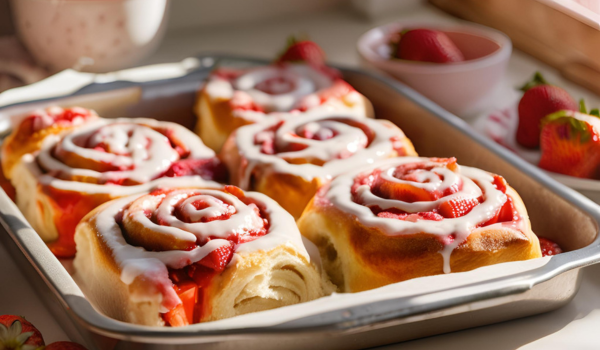 A baking tray filled with fluffy strawberry cinnamon rolls, topped with creamy white icing and bright slices of fresh strawberries. The golden rolls are set in a warm, sunlit kitchen environment, emphasizing their homemade charm.