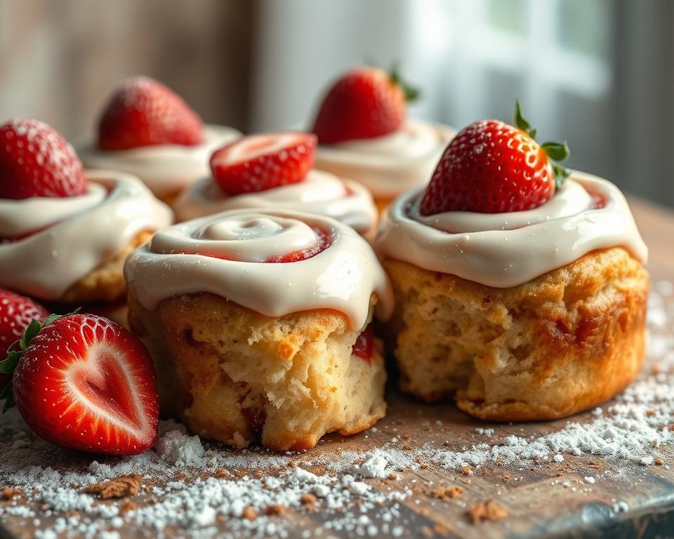 A plate of fluffy strawberry cinnamon rolls topped with a creamy white icing, garnished with whole and halved fresh strawberries, all dusted lightly with powdered sugar. The rolls appear soft and golden, highlighting their swirl pattern.