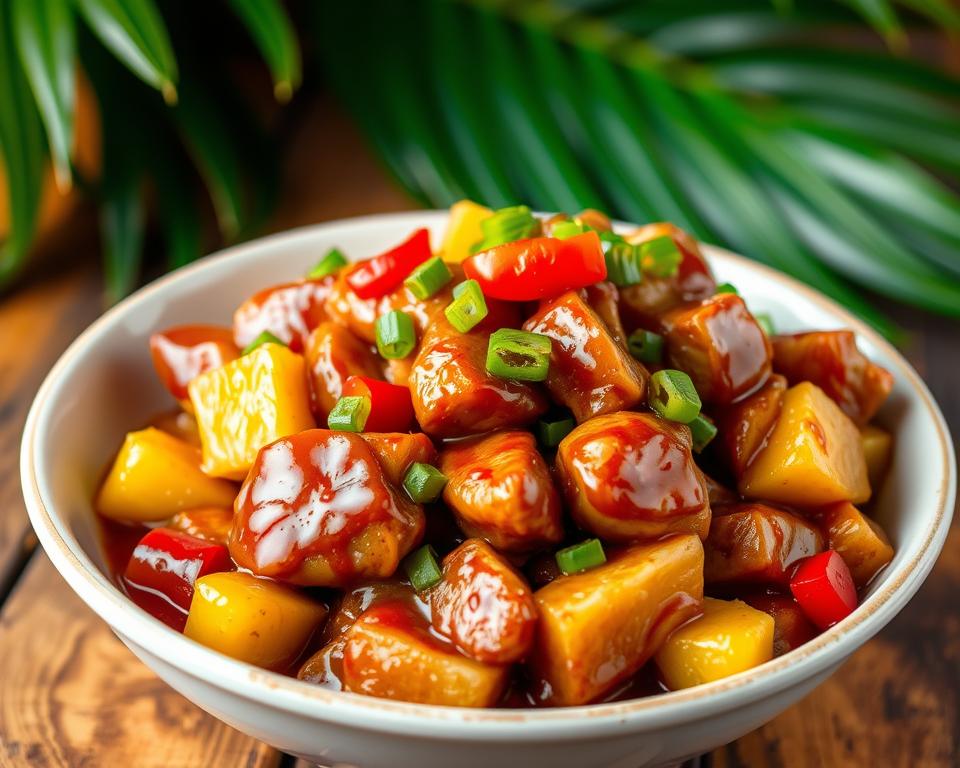 "Sweet Hawaiian Crockpot Chicken served in a white bowl with colorful bell peppers, pineapple chunks, and a glossy sweet and tangy sauce. A tropical-inspired dish perfect for family meals.