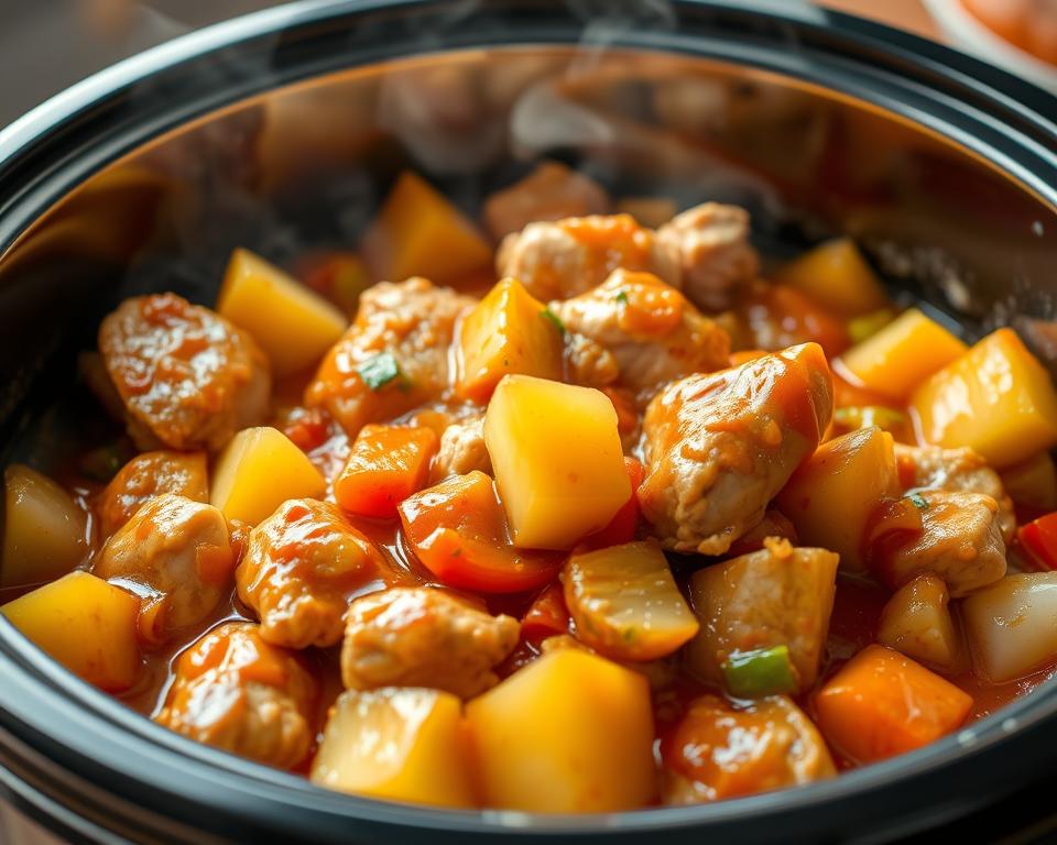 A close-up of Sweet Hawaiian Crockpot Chicken simmering in a slow cooker, featuring chunks of chicken, pineapple, and peppers in a rich, flavorful sauce.