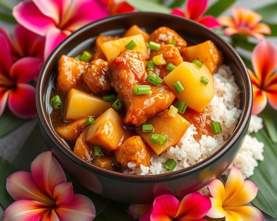 Sweet Hawaiian Chicken served over a bed of fluffy white rice in a black bowl, garnished with green onions and surrounded by vibrant tropical flowers. A visually stunning and delicious meal with island vibes