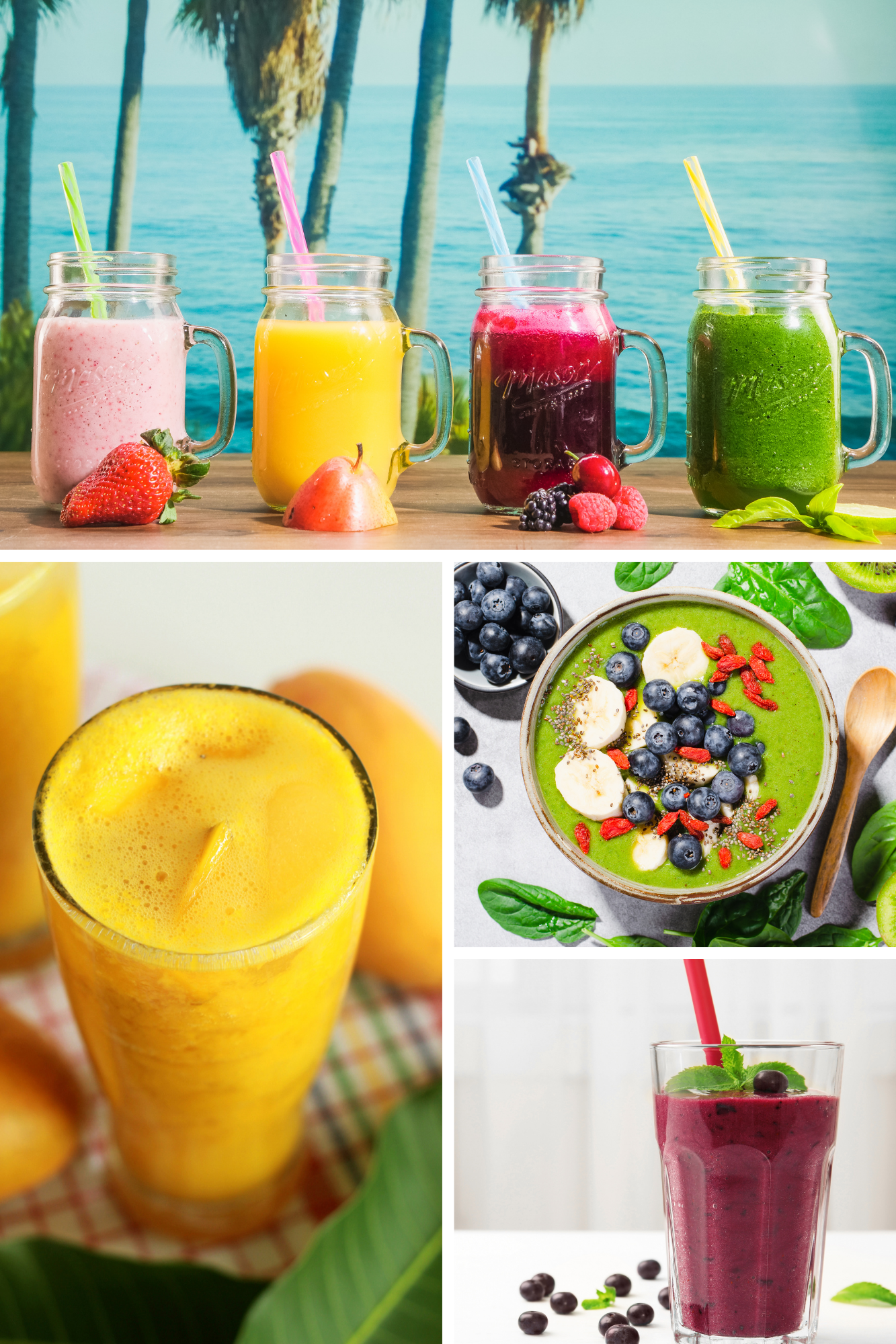 Four-image collage of bright smoothies, each showcasing fresh fruit and avacado options. Perfect if you’re craving a vegan breakfast near me or looking to recreate planet smoothie favorites using a blendjet.