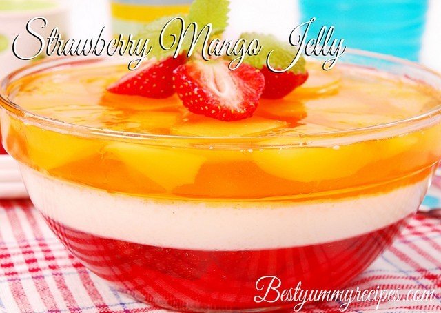 mango and strawberry jelly with cream in round bowl