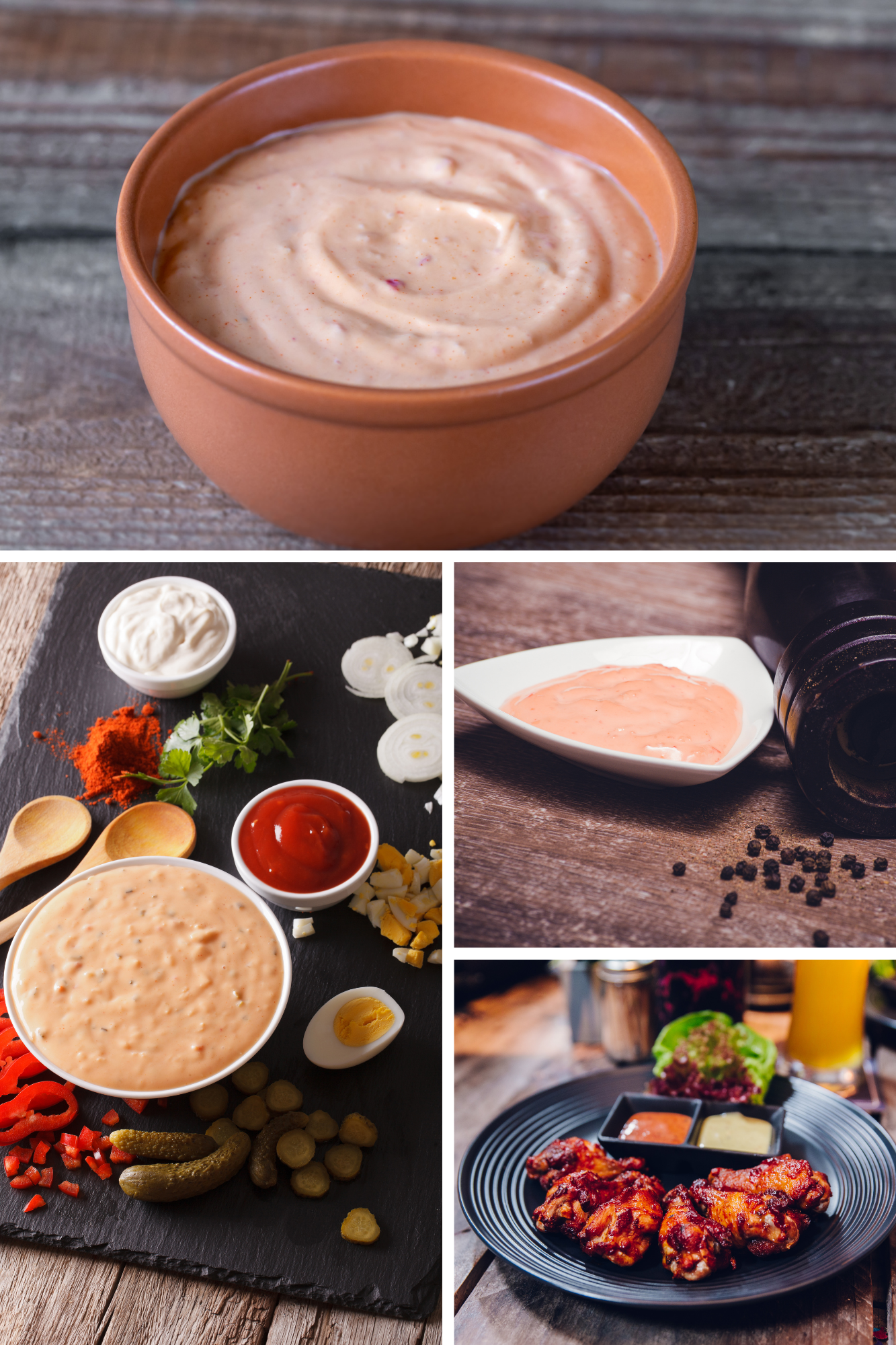 A collage of four photos showcasing a creamy pink Yum Yum Sauce in various bowls, surrounded by ingredients like ketchup, paprika, chopped eggs, pickles, and a plate of saucy chicken wings.