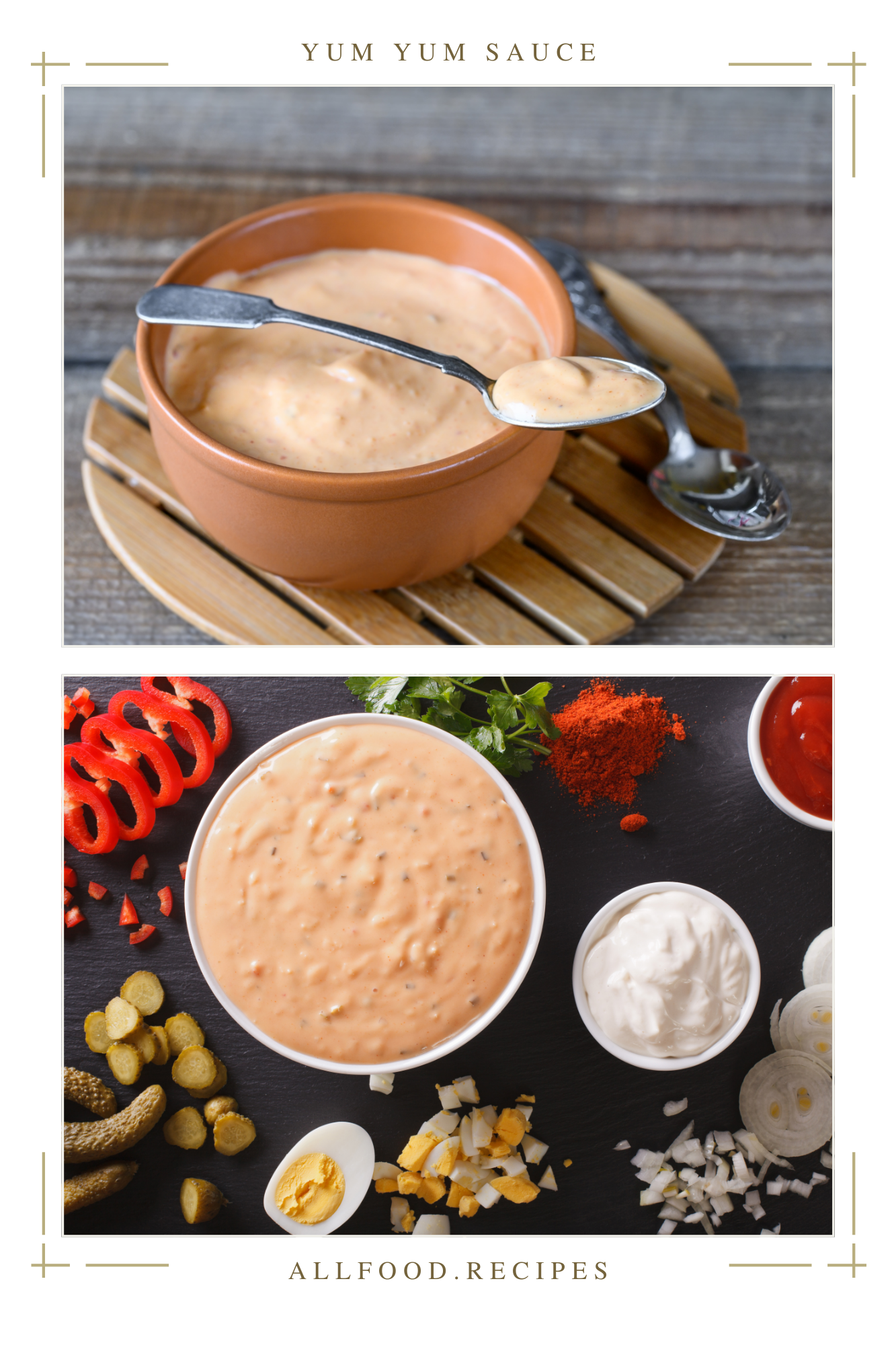 A collage of two images displaying Yum Yum Sauce in a terracotta bowl with a spoon, alongside fresh ingredients such as peppers, pickles, and eggs, emphasizing the sauce’s vibrant color and texture.